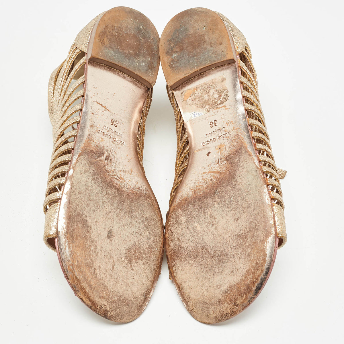 Giuseppe Zanotti Gold Glitter Zipped Caged Flat Sandals Size 36