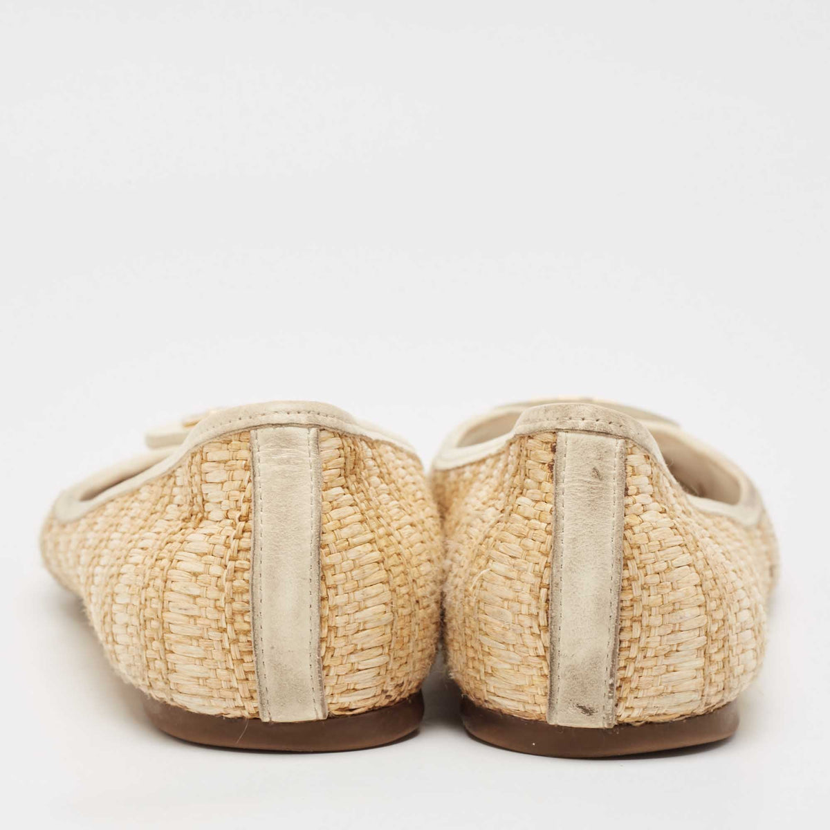 Tory Burch Beige/Cream Raffia and Leather Reva Ballet Flats Size 40.5
