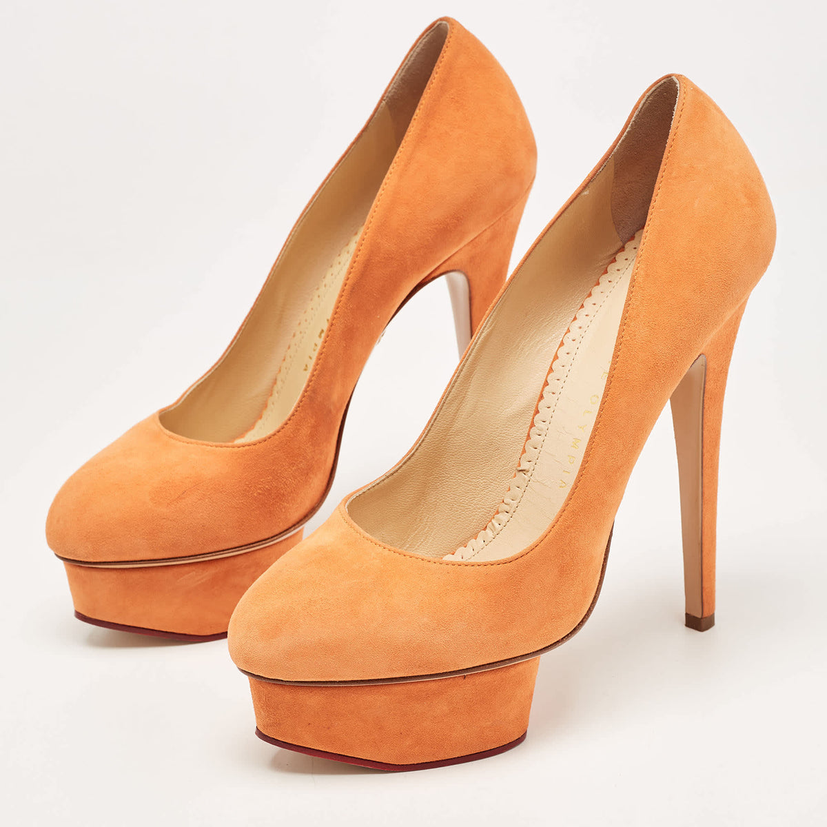 Charlotte Olympia Dolly Size 37 Orange Suede Platform Pumps