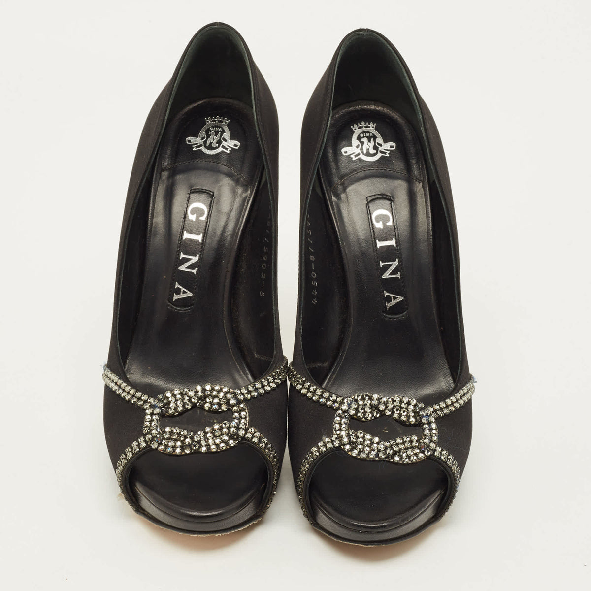 Gina Size 38 Black Satin Crystal Embellished Platform Pumps