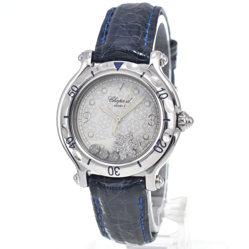 Chopard Happy Sport Snowflake Round Quartz Stainless Steel And Alligator With Diamond Bezel And Floating Diamonds Watch (Pre-Owned)