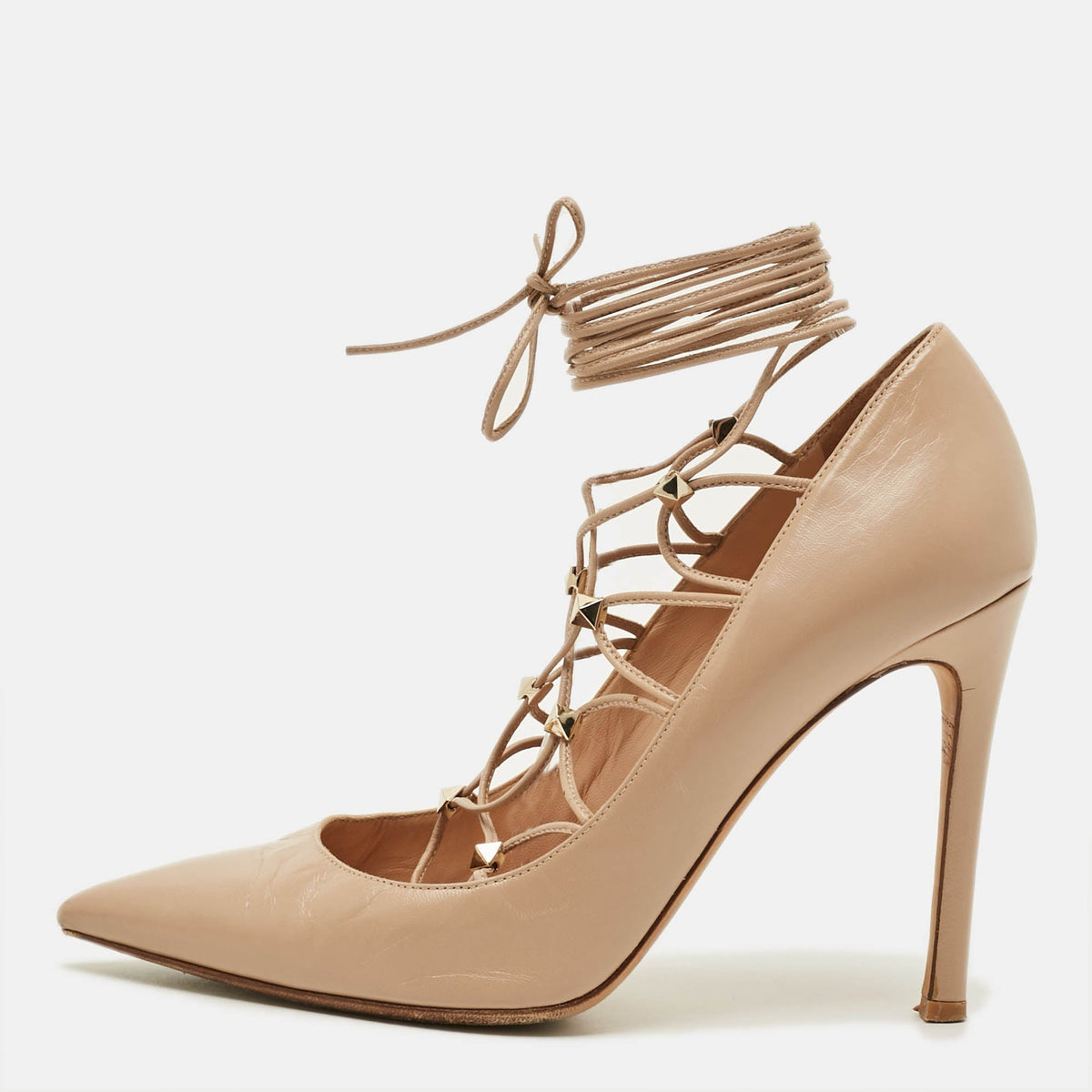 Valentino Rockstud Size 38 Beige Leather Lace Up Pointed Toe Pumps
