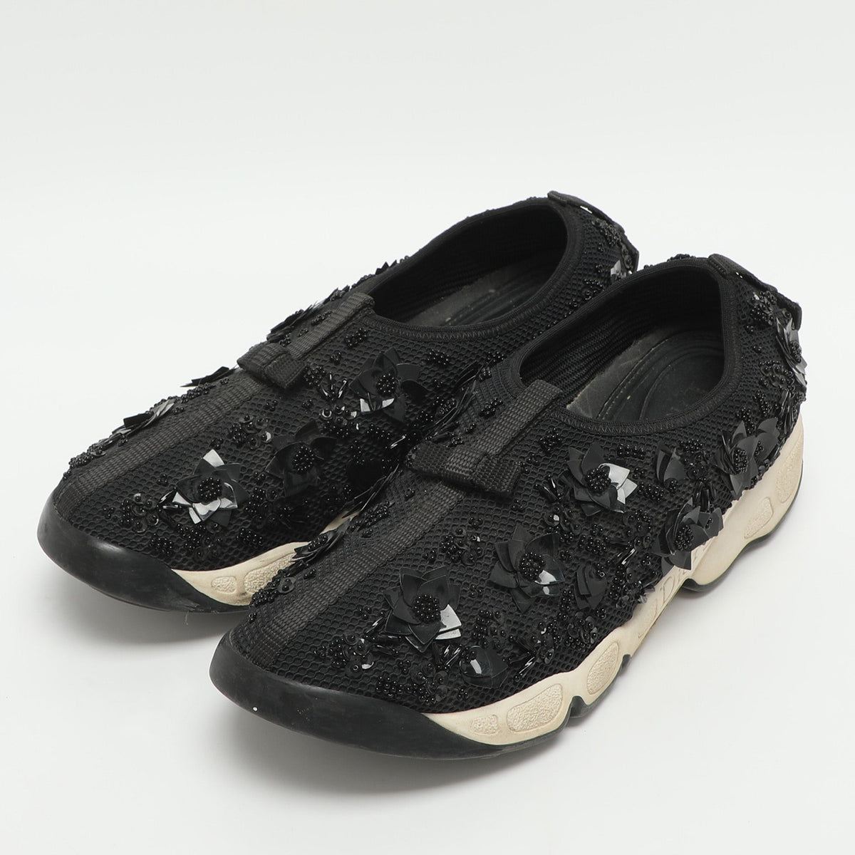 Dior Fusion Size 37 Black Mesh Flower Embellished Low Top Sneakers