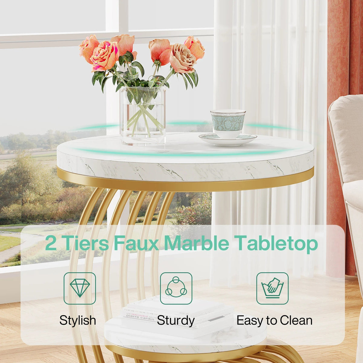 Gold Round End Table: Two-Tier Faux Marble Side Table with Storage Shelf, Modern White and Gold Bedside Nightstand