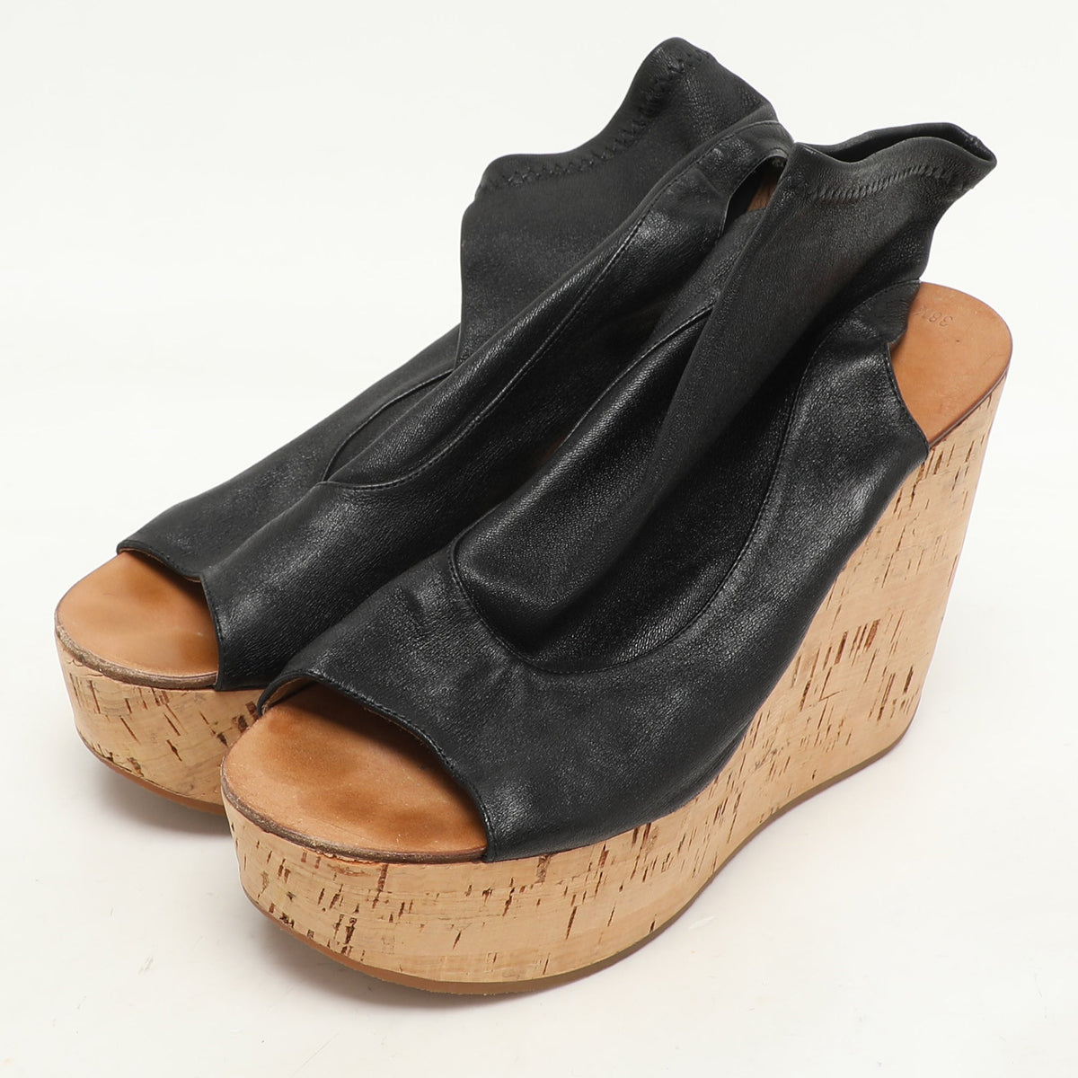 Chloe Black Leather Cork Wedge Cut Out Boots Size 38.5