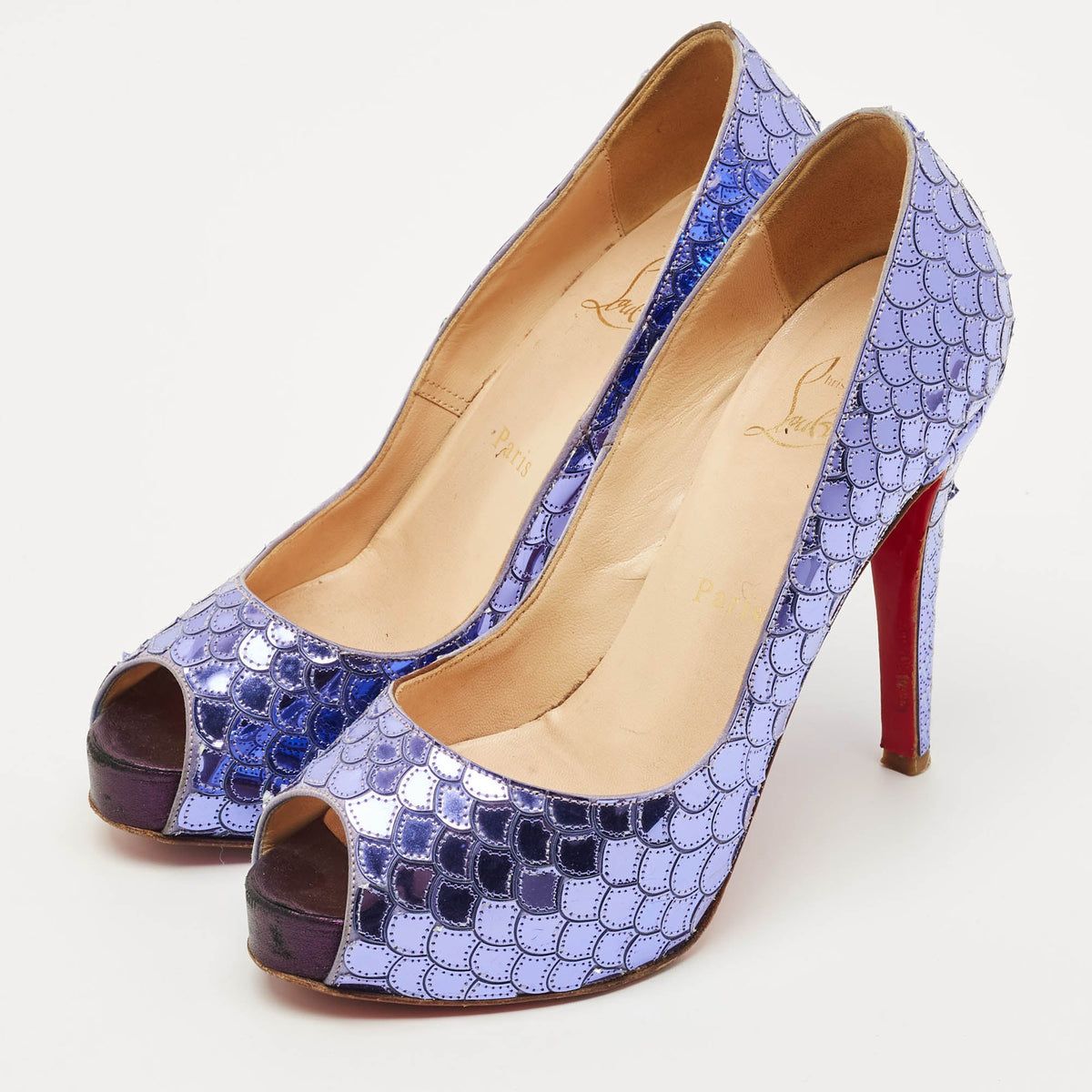 Christian Louboutin Poseidon Size 36.5 Purple  Scaled Leather Peep Toe Pumps
