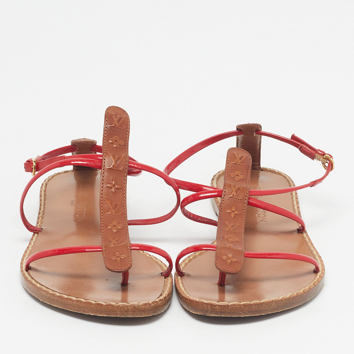 Louis Vuitton Size 39 Brown/Red Monogram Leather and Patent Flat Ankle Strap Thong Sandals