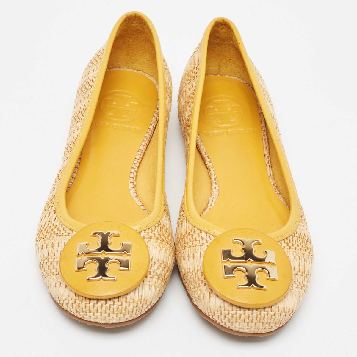 Tory Burch Beige/Yellow Raffia and Leather Reva Ballet Flats Size 35.5