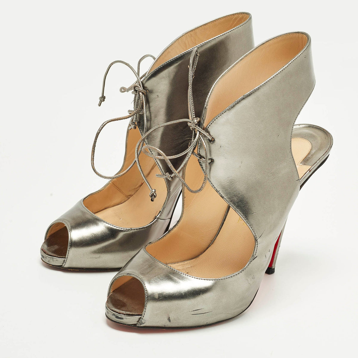 Christian Louboutin Size 40 Silver Leather Peep Toe Sandals
