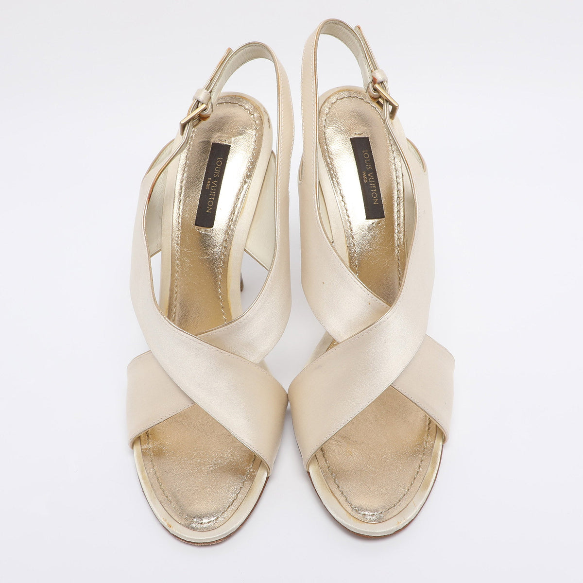 Louis Vuitton Cream Satin Cross Strap Embellished Heel Slingback Sandals Size 38.5