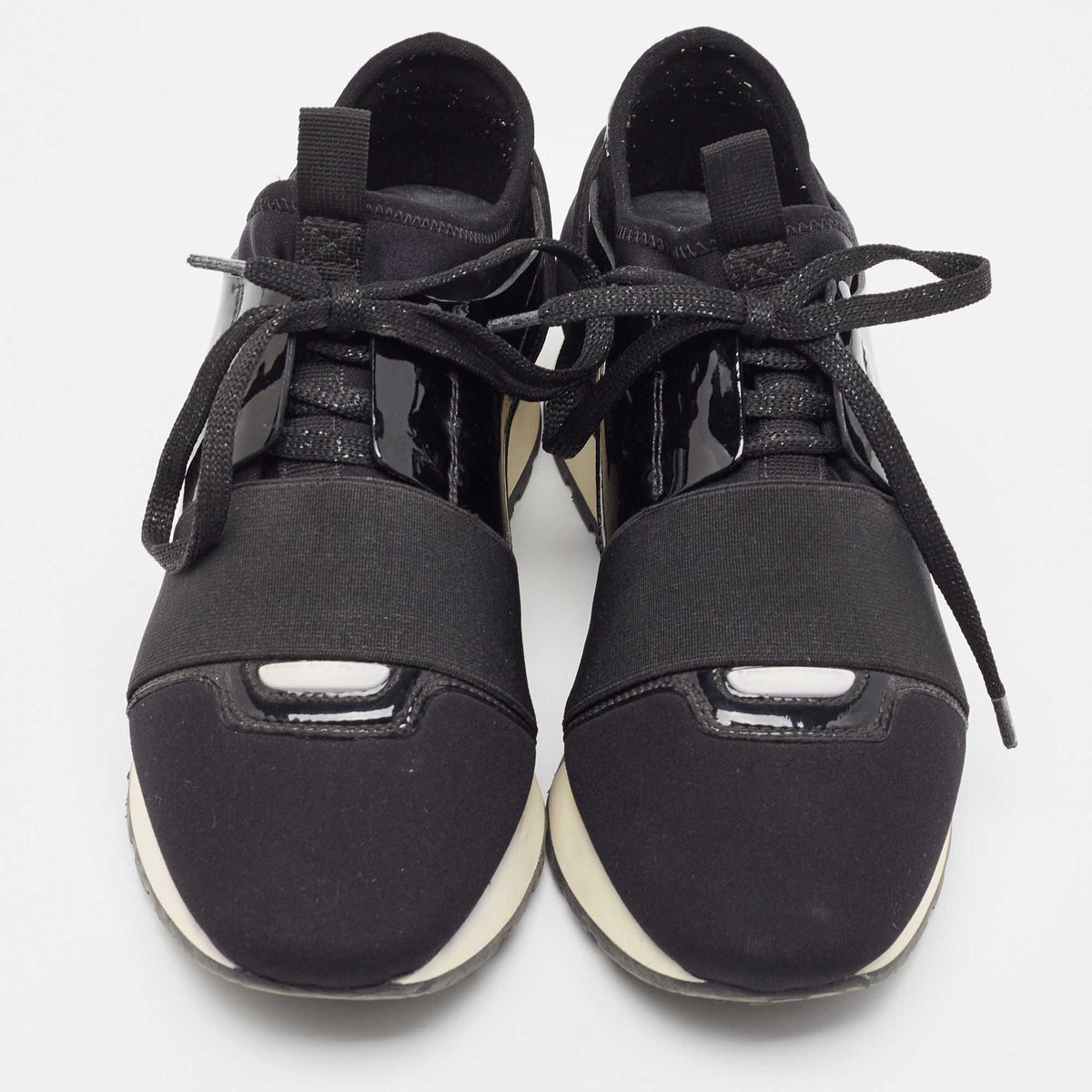 Balenciaga Race Runner Size 37 Black Neoprene and Patent Leather Low Top Sneakers