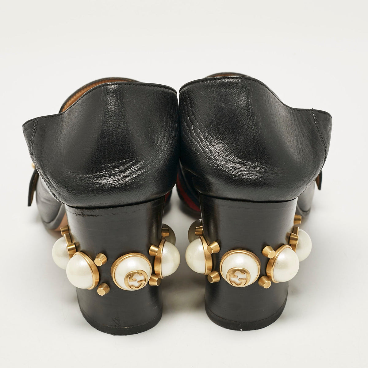 Gucci Black Leather GG Pearl Studded Loafer Pumps Size 37.5