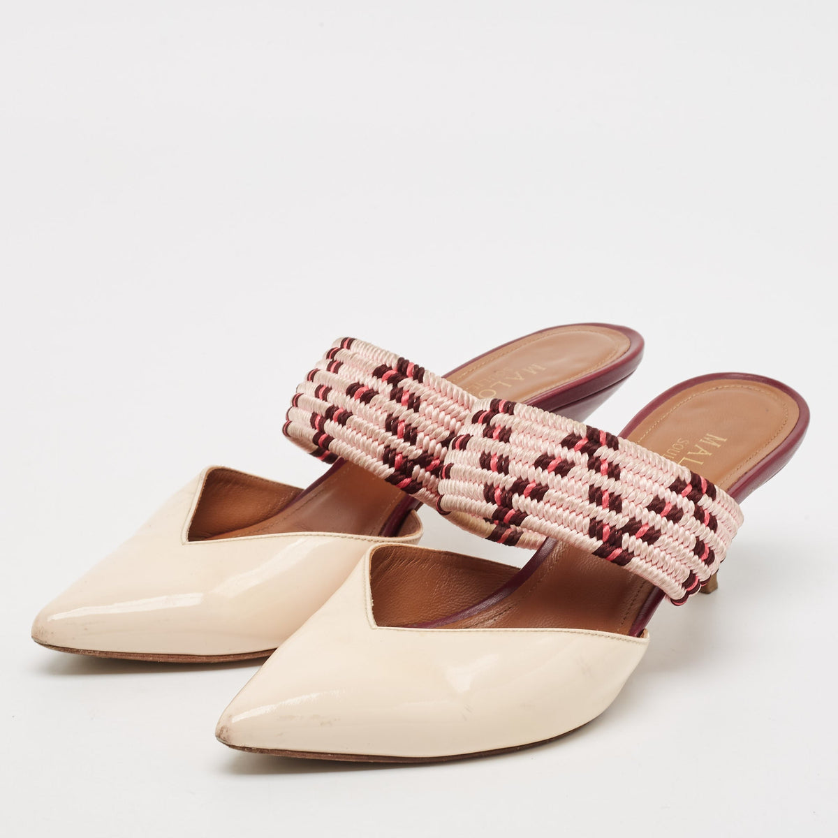 Malone Souliers Cream Leather and Patent Leather Maisie Mules Size 36.5