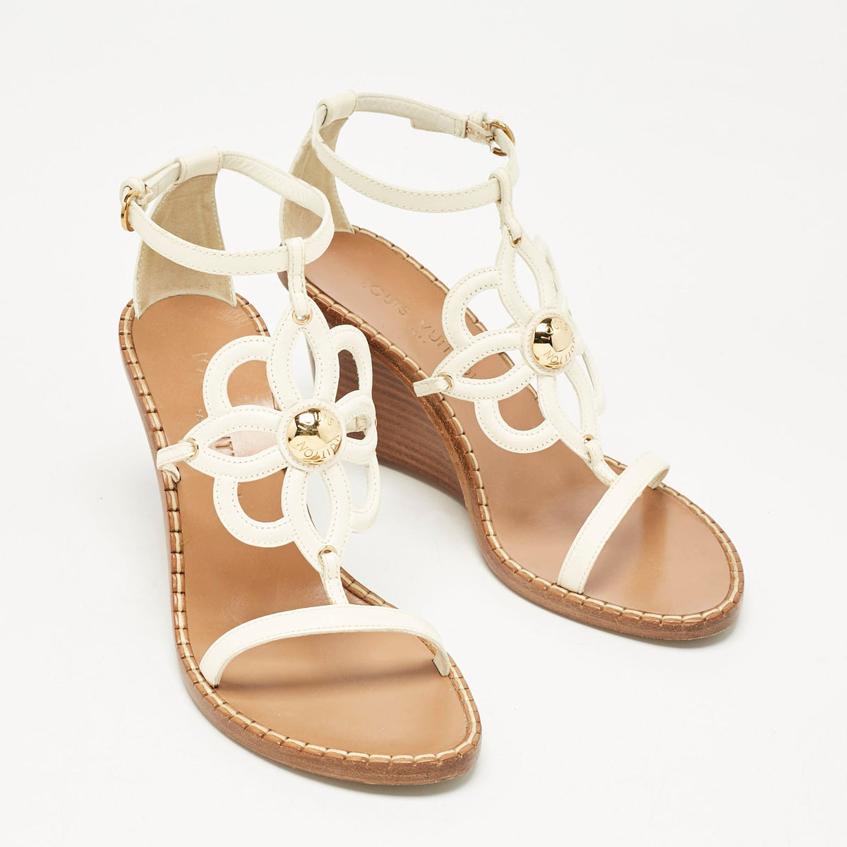 Louis Vuitton White Leather Gloss Wedge Sandals Size 37.5