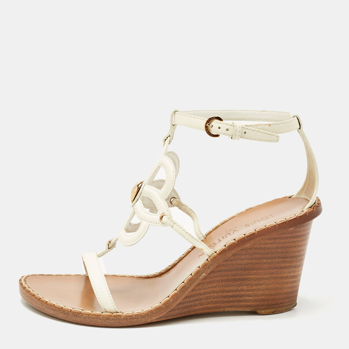 Louis Vuitton White Leather Gloss Wedge Sandals Size 37.5