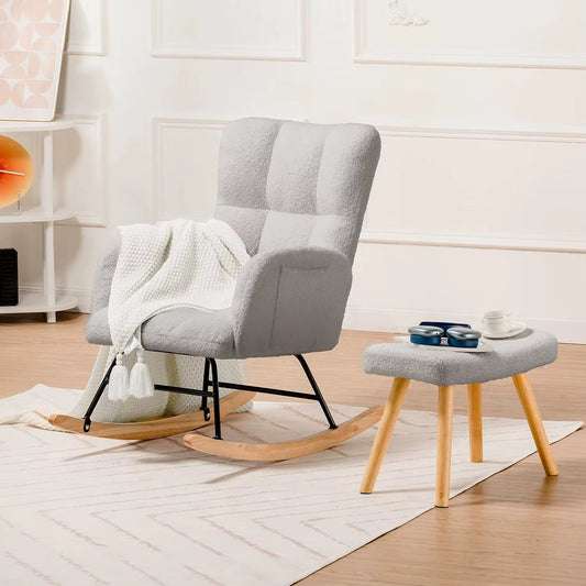 Teddy Glider Rocking Chair with Side Pockets and Ottoman, High Back Design for Adults - Ideal for Bedroom and Living Room