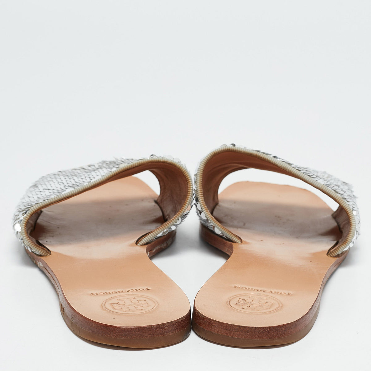 Tory Burch Silver Sequins Carter Flat Slides Size 38.5