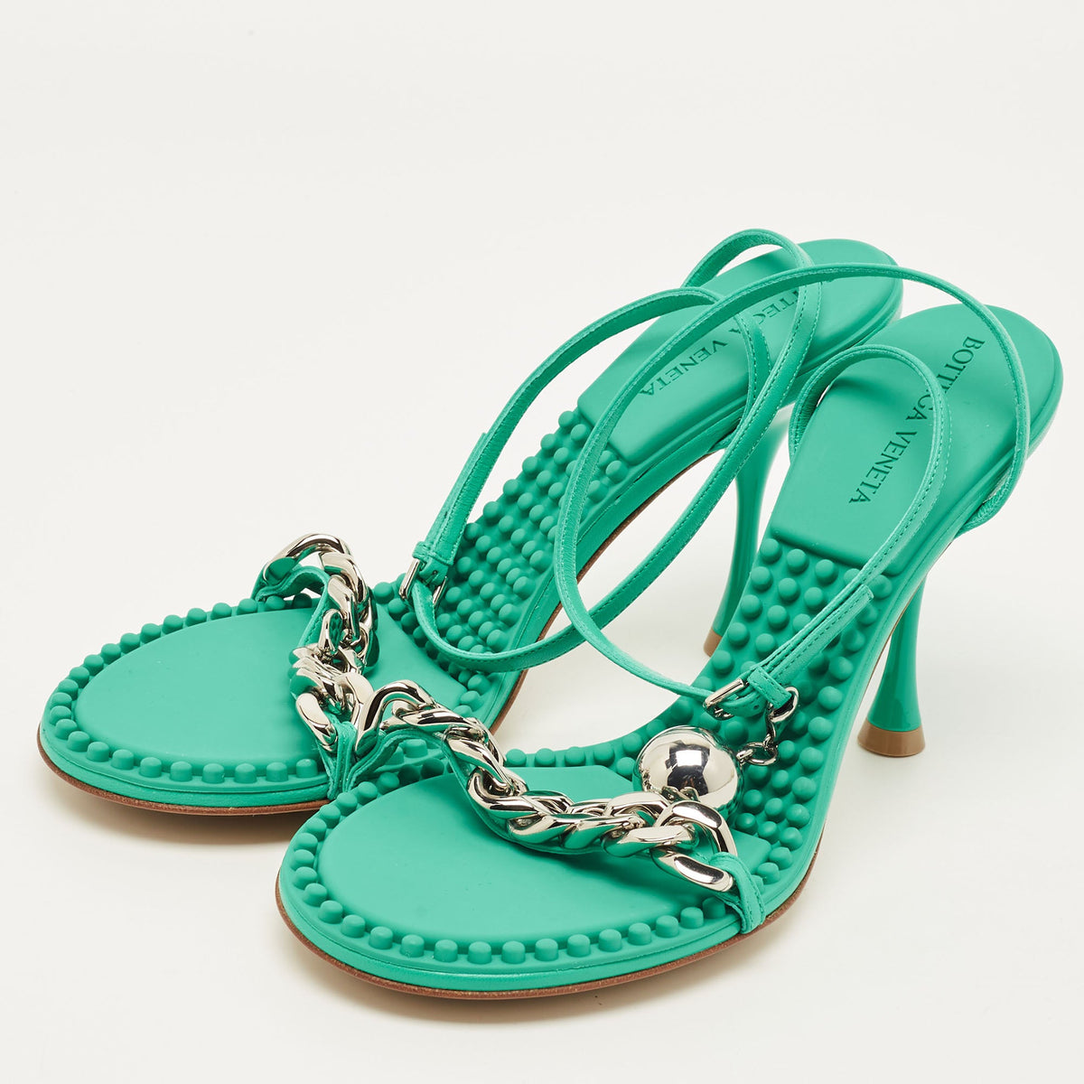 Bottega Veneta Dot Size 38 Green Leather Ankle Strap Sandals