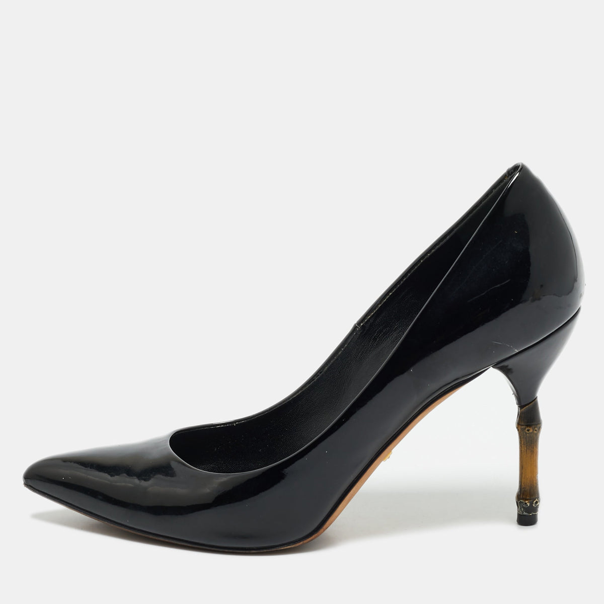 Gucci Black Patent Leather Kristen Bamboo Heel Pumps Size 38
