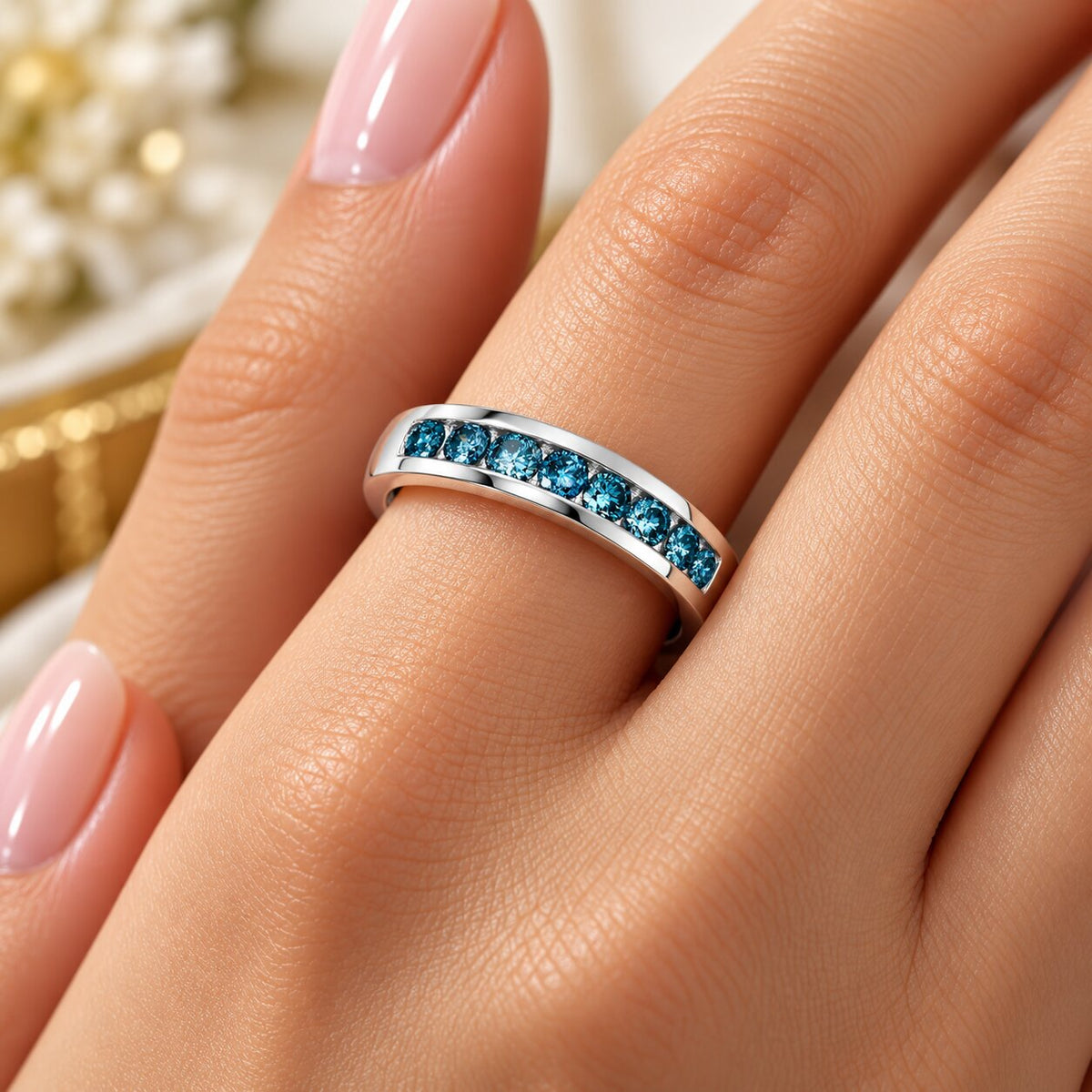 1/4 cttw Blue Diamond Wedding Ring 14K White Gold Channel Set Stackable Band