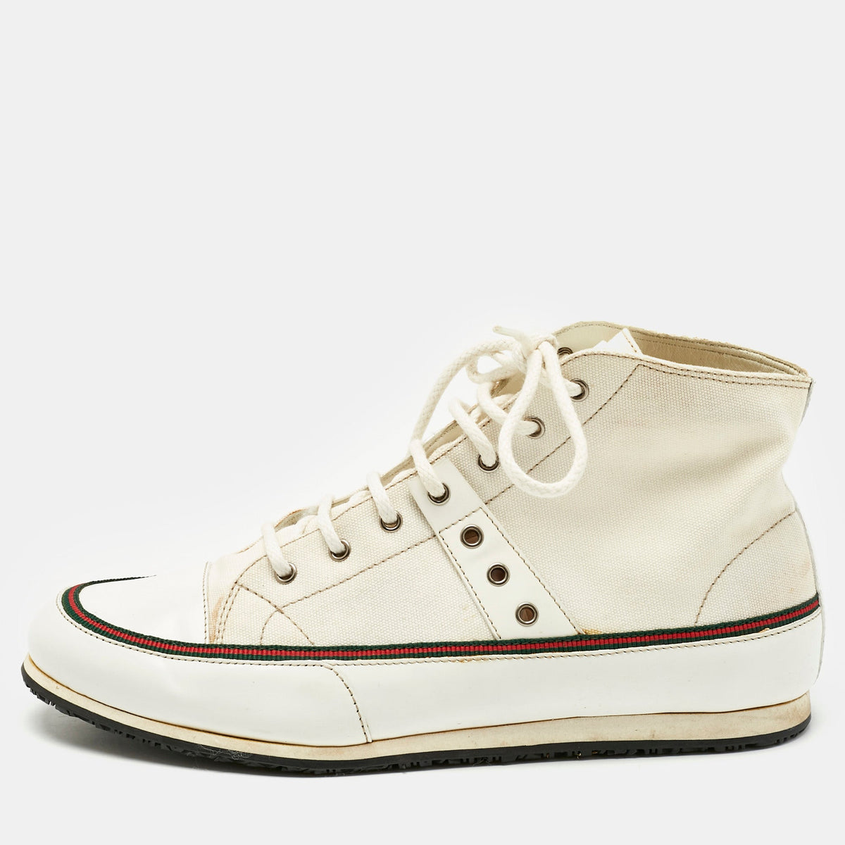 Gucci White Canvas and Leather High Top Sneakers Size 38.5