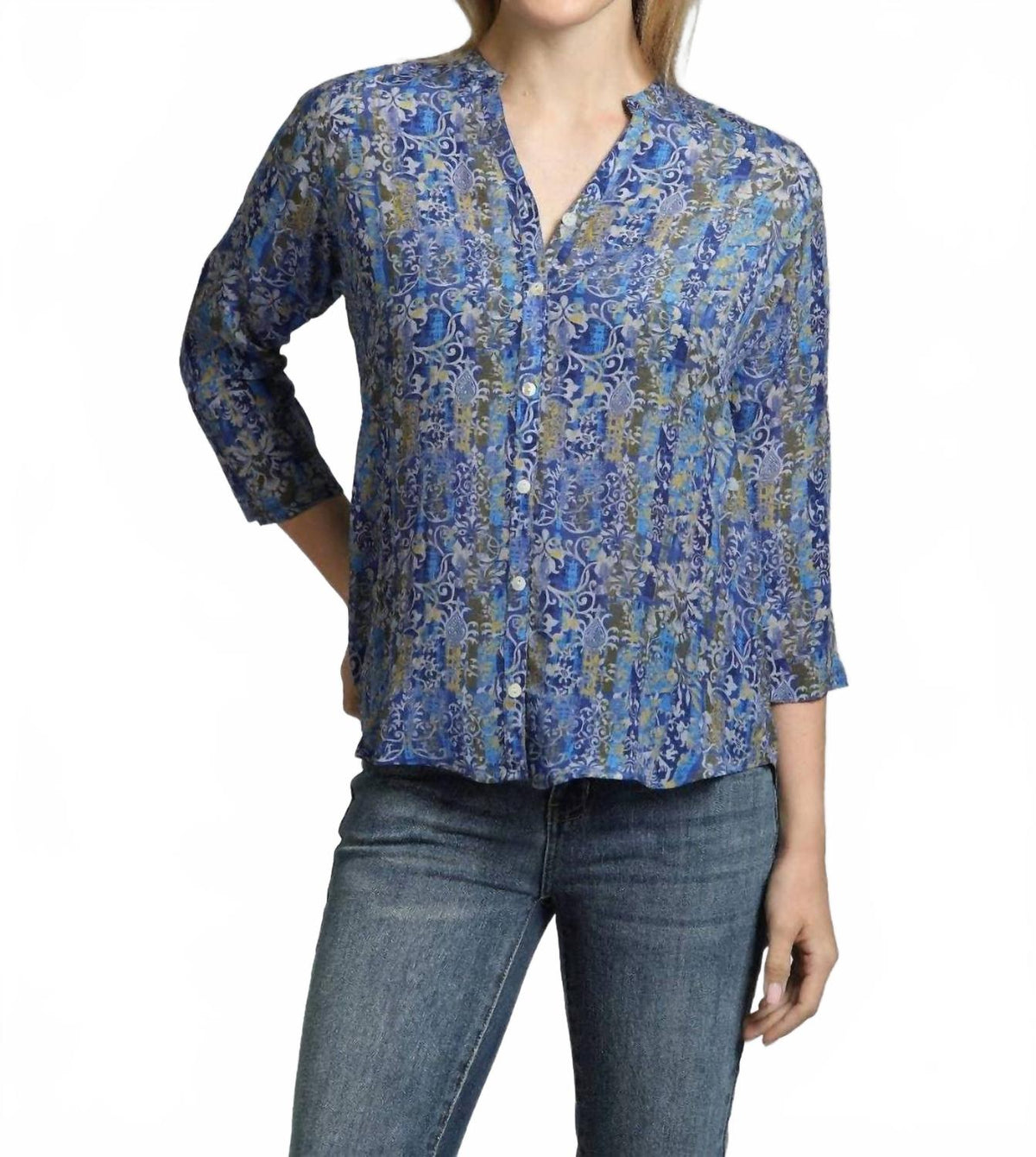 Mandarin Collar Button Up Shirt In Blue Paisley Multi