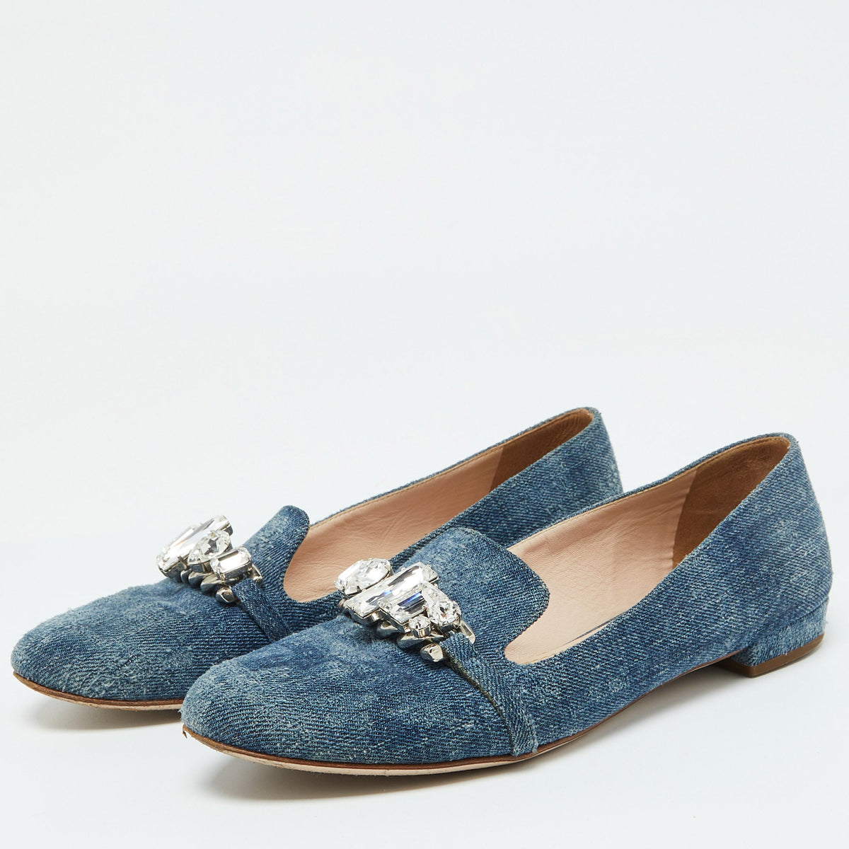 Miu Miu Blue Denim Crystal Embellished Smoking Slippers Size 38