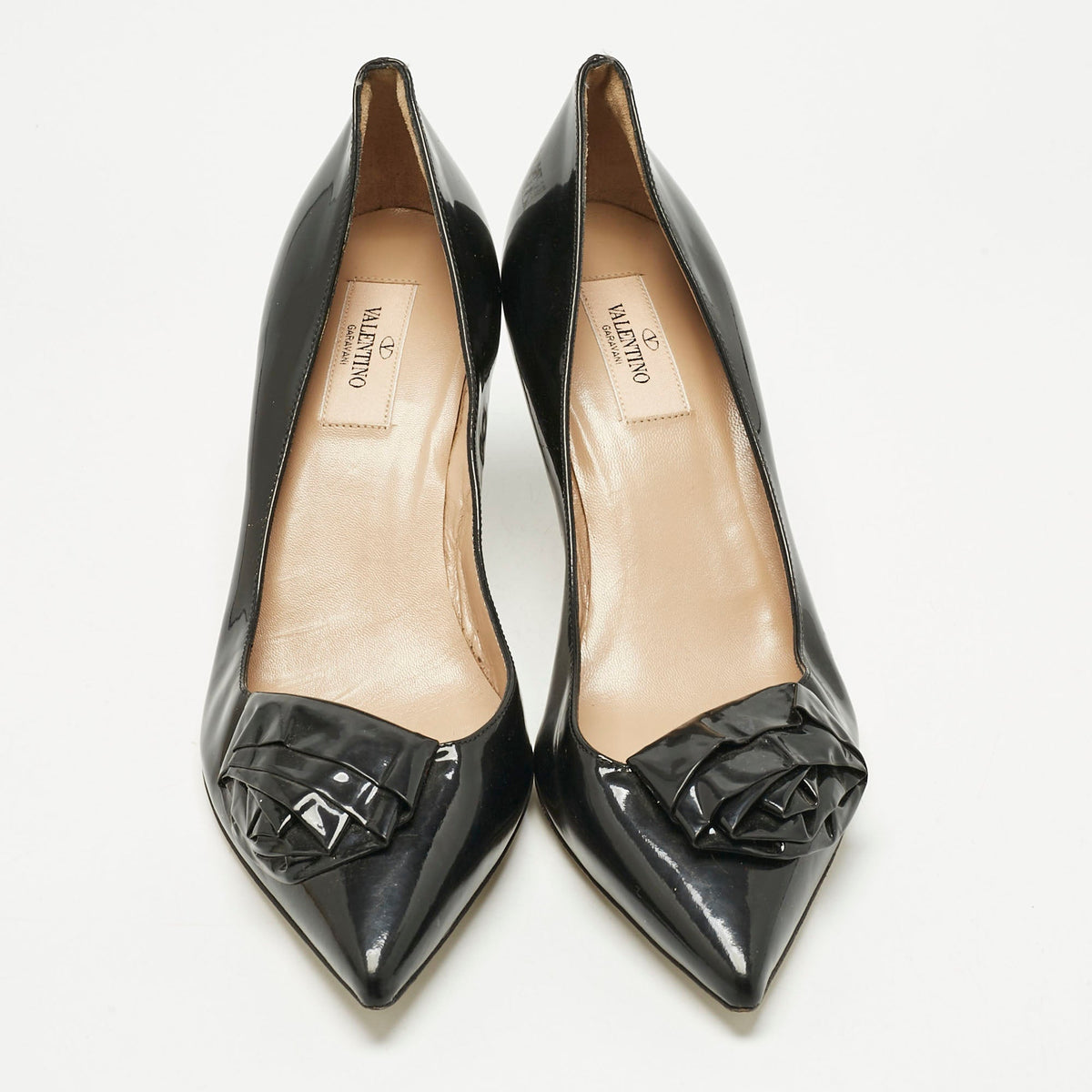 Valentino Black Patent Leather Flower Bow Pointed Toe Pumps Size 39.5