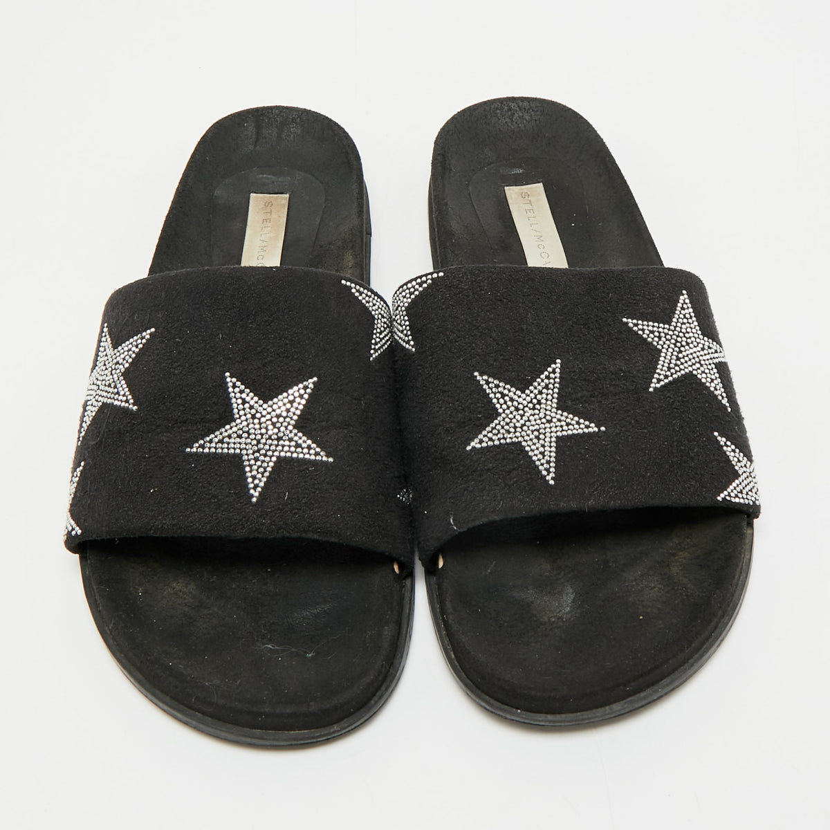 Stella McCartney Black Faux Suede Star Embellished Flat Slides Size 37
