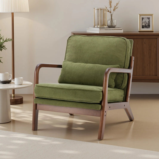 Mid-Century Modern Accent Chair with Solid Wooden Frame, Armrests, and Waist Cushion for Adults - Ideal for Reading and Lounging