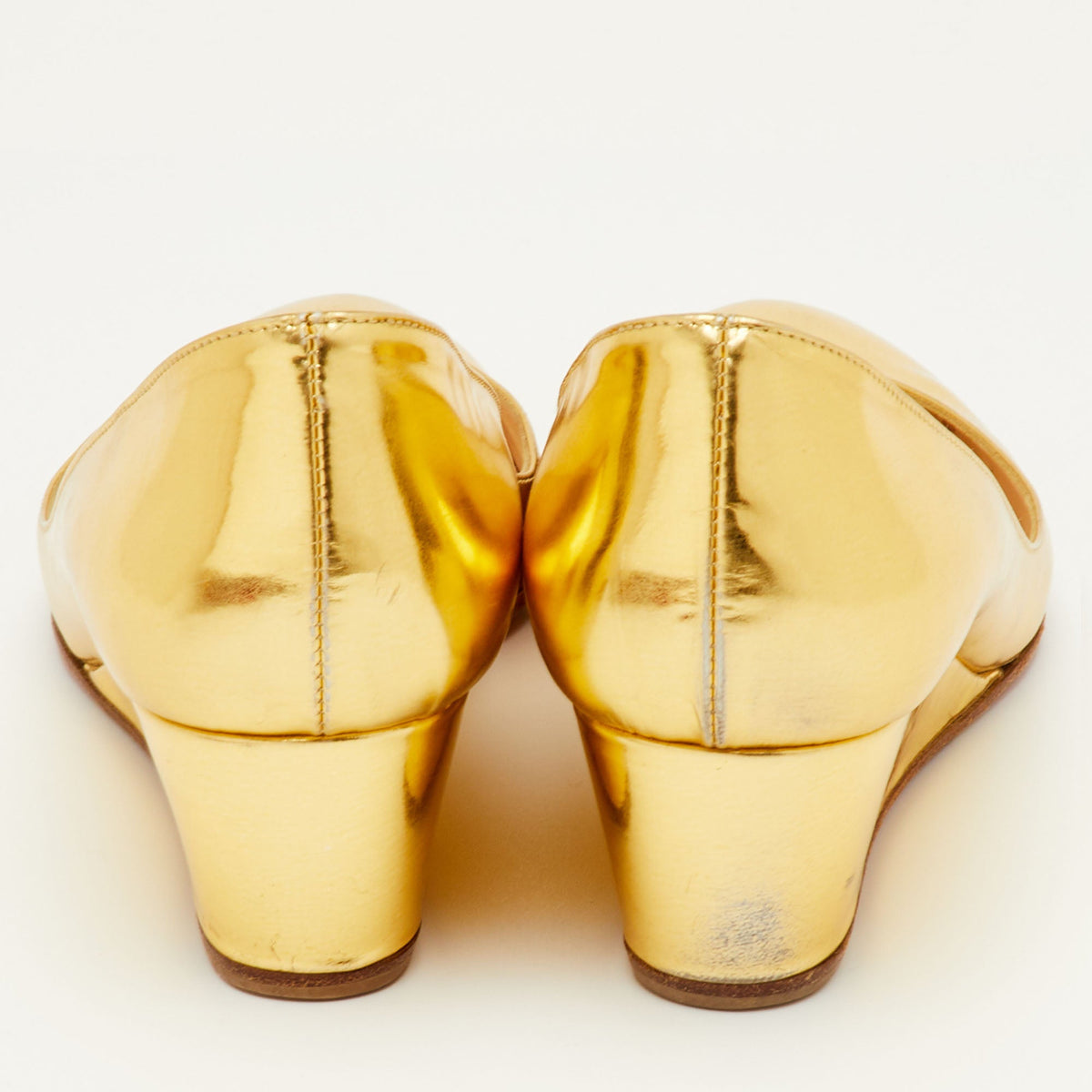 Christian Louboutin Size 38 Gold Leather Round Toe Wedge Pumps