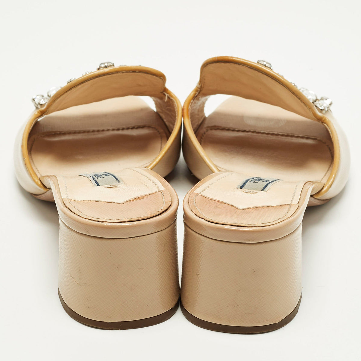 Prada Saffiano Size 35 Beige Patent Leather Crystal Embellished Block Heel Slide Sandals