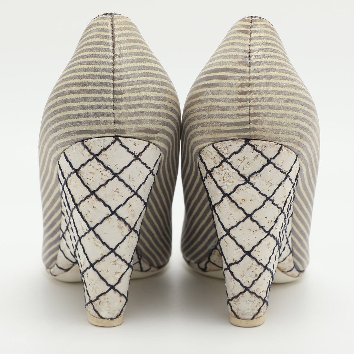 Chanel Camelia Size 39 Beige Stripe Leather Wedge Pumps