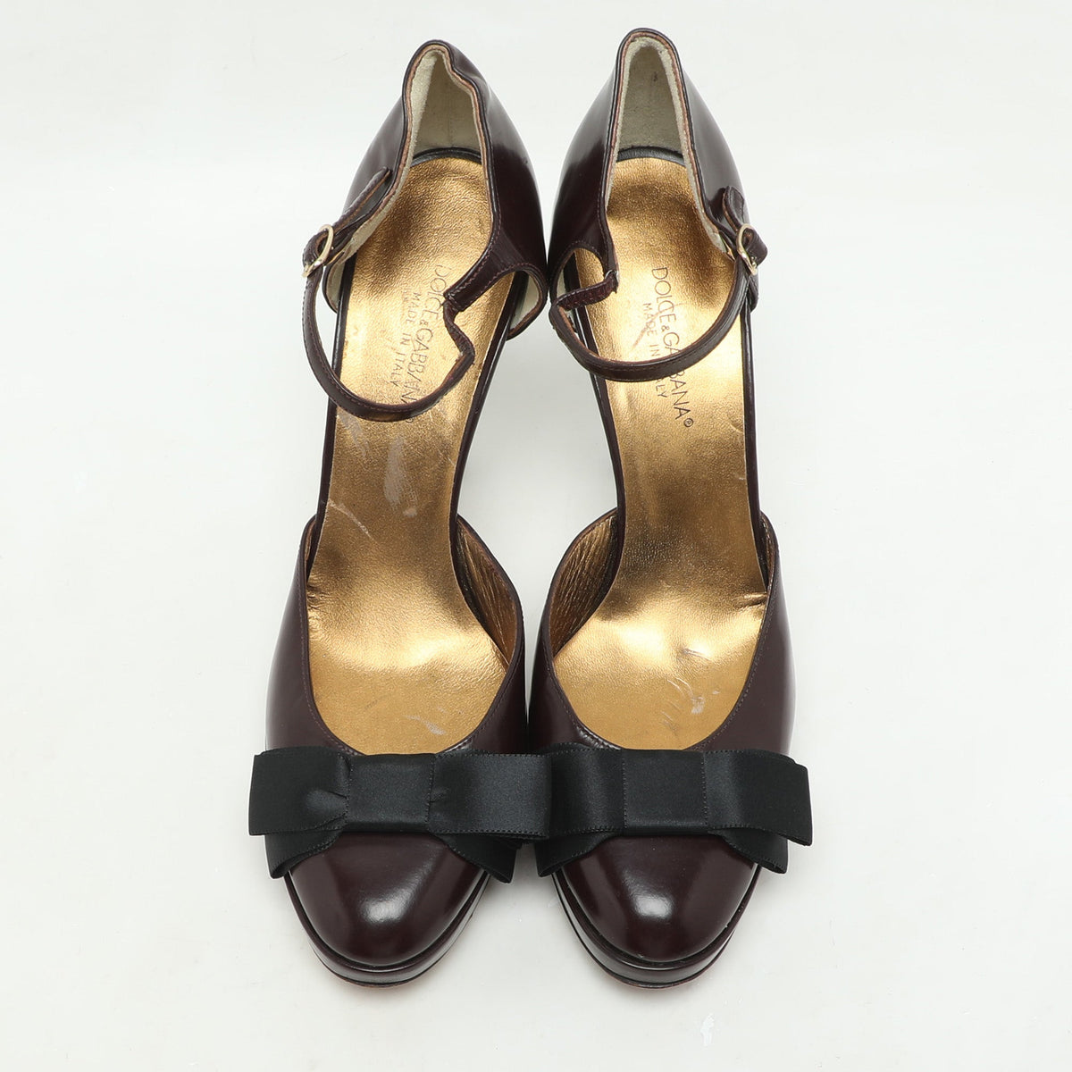 Dolce & Gabbana Burgundy/Black Leather Bow D'orsay Ankle Strap Pumps Size 38.5