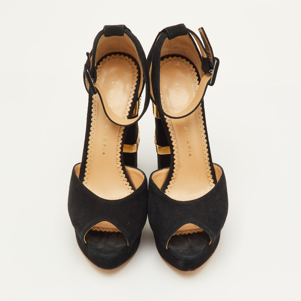 Charlotte Olympia Size 38 Black Suede Embellished Ankle Strap Platform Sandals