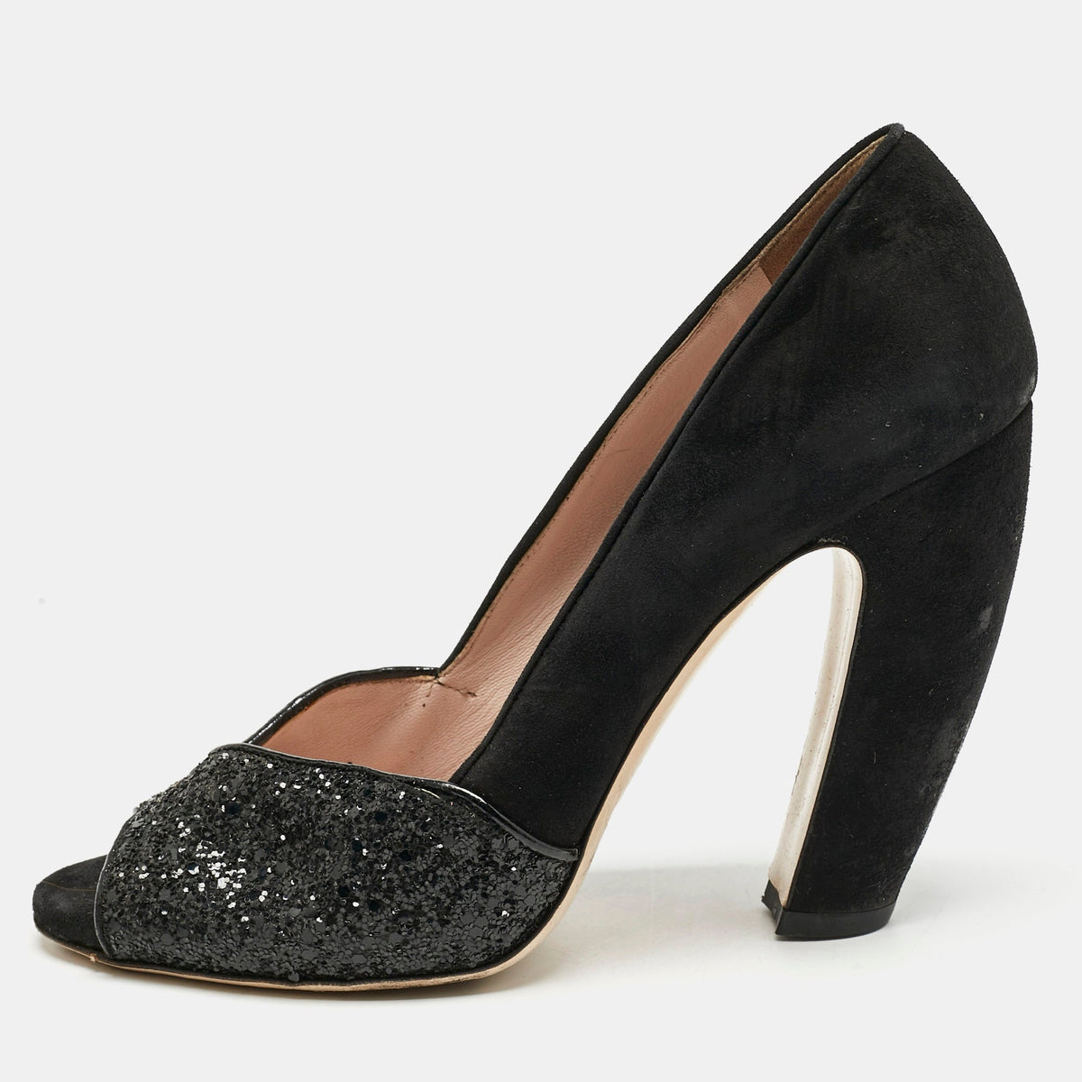 Miu Miu Black Glitter and Suede Curved Peep Toe Pumps Size 37.5