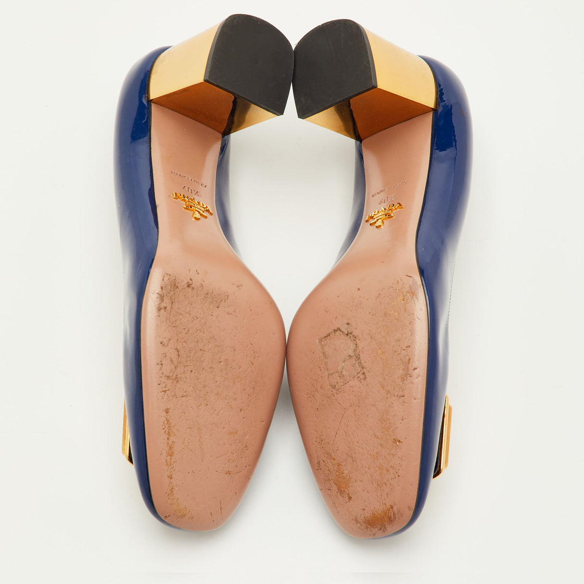 Prada Size 40.5 Navy Blue Patent Leather Crystal Block Heel Pumps