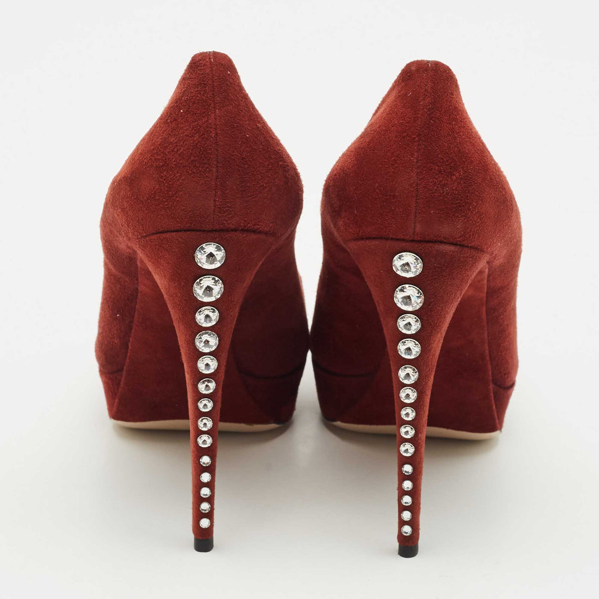 Miu Miu Burgundy Suede Platform Crystal Embellished Heel Pumps Size 40