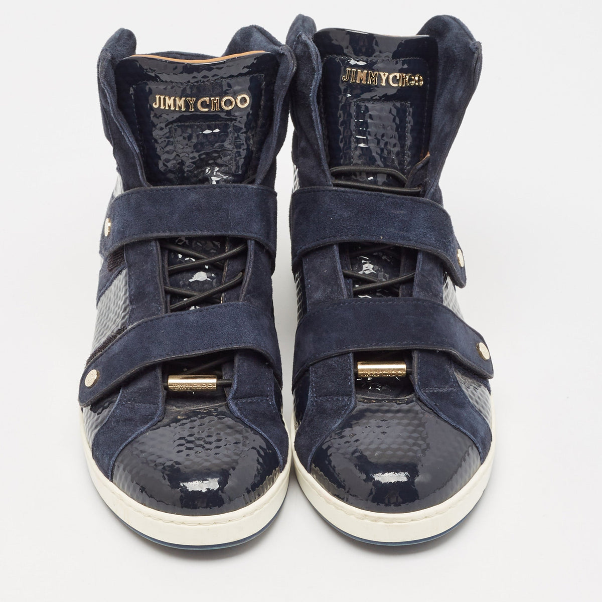 Jimmy Choo Navy Blue Suede and Patent Yazz High Top Sneakers Size 36.5