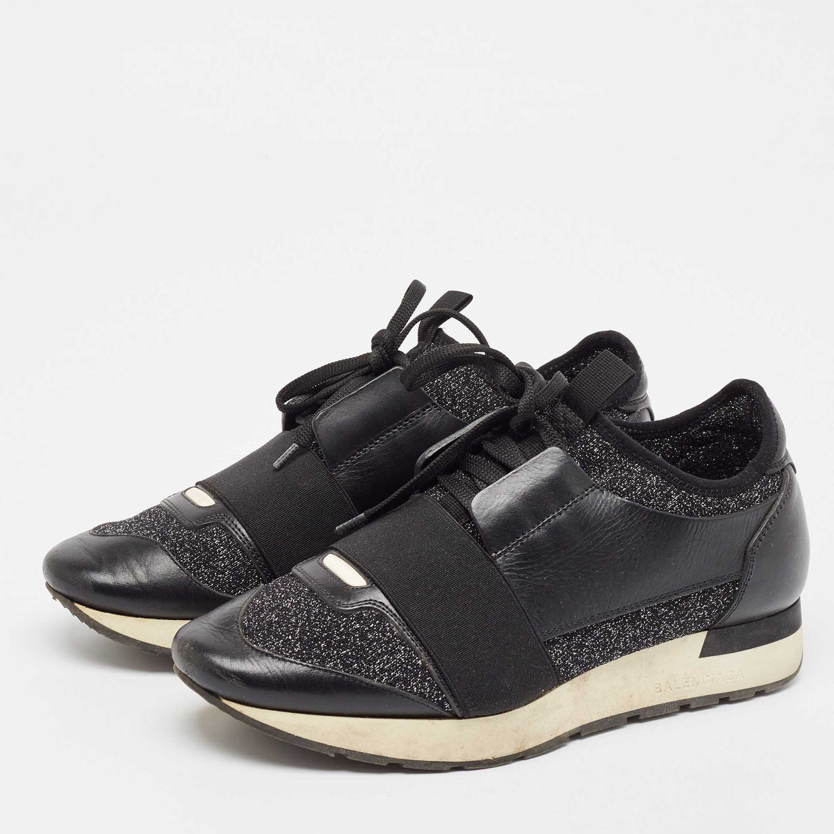 Balenciaga Black Fabric and Leather Race Runner Lace Up Sneakers Size 38