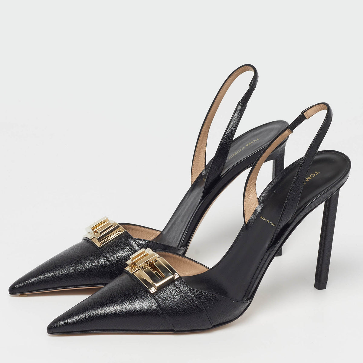 Tom Ford T Latch Size 40 Black Leather Slingback Pumps