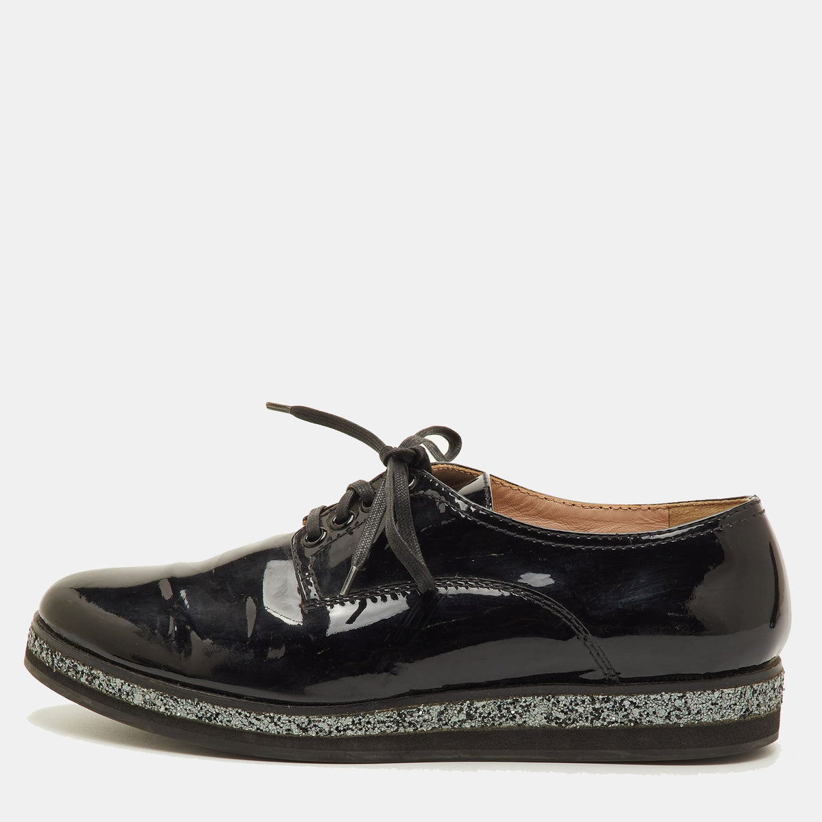 Miu Miu Size 38.5 Black Patent Leather Lace Up Derby&nbsp;