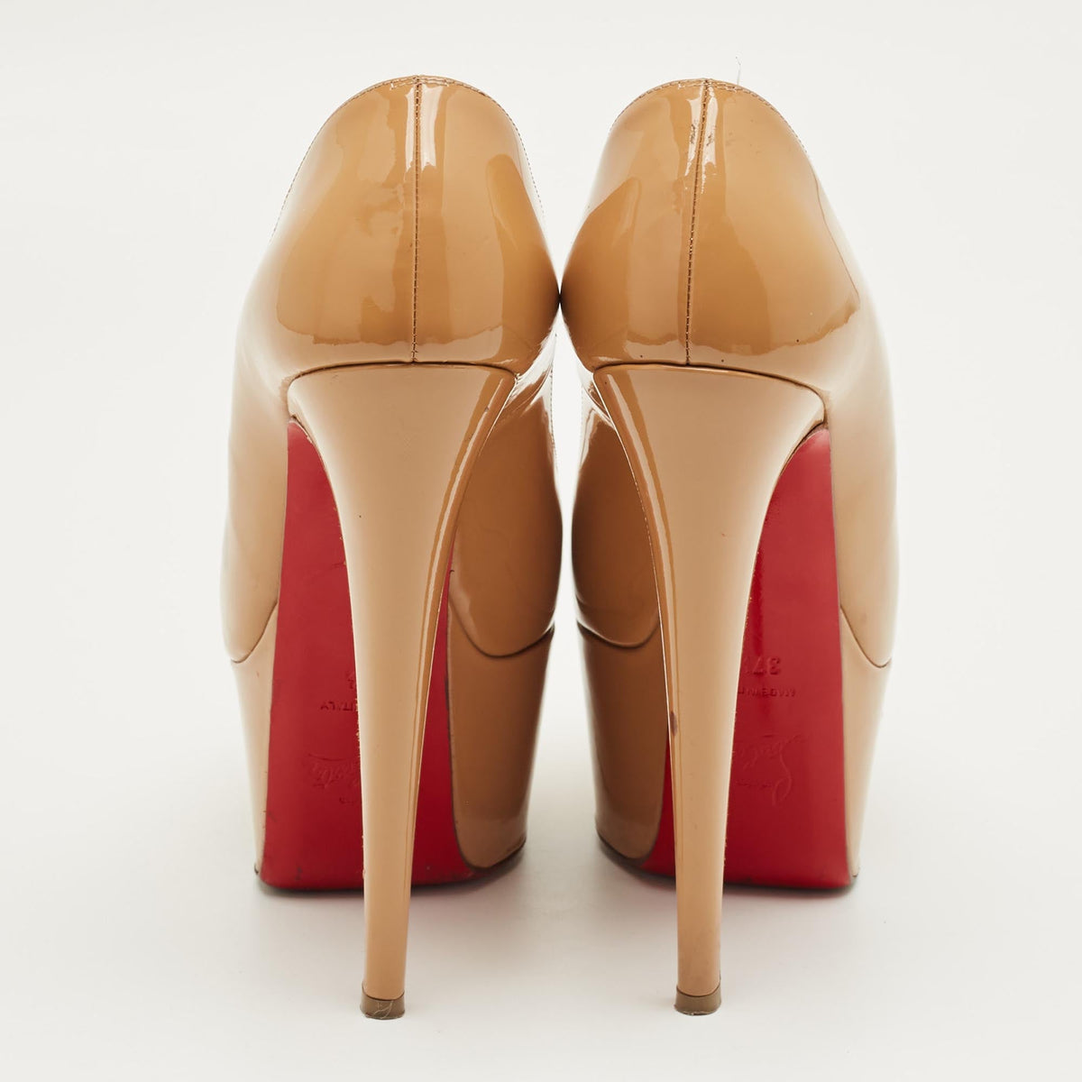 Christian Louboutin Highness Size 37.5 Beige Patent Leather Peep Toe Pumps