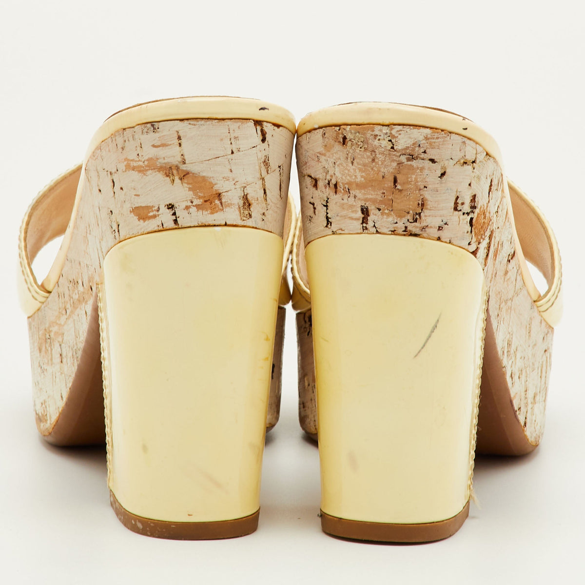 Prada Size 41 Cream Patent Leather Cork Platform Block Heel Sandals