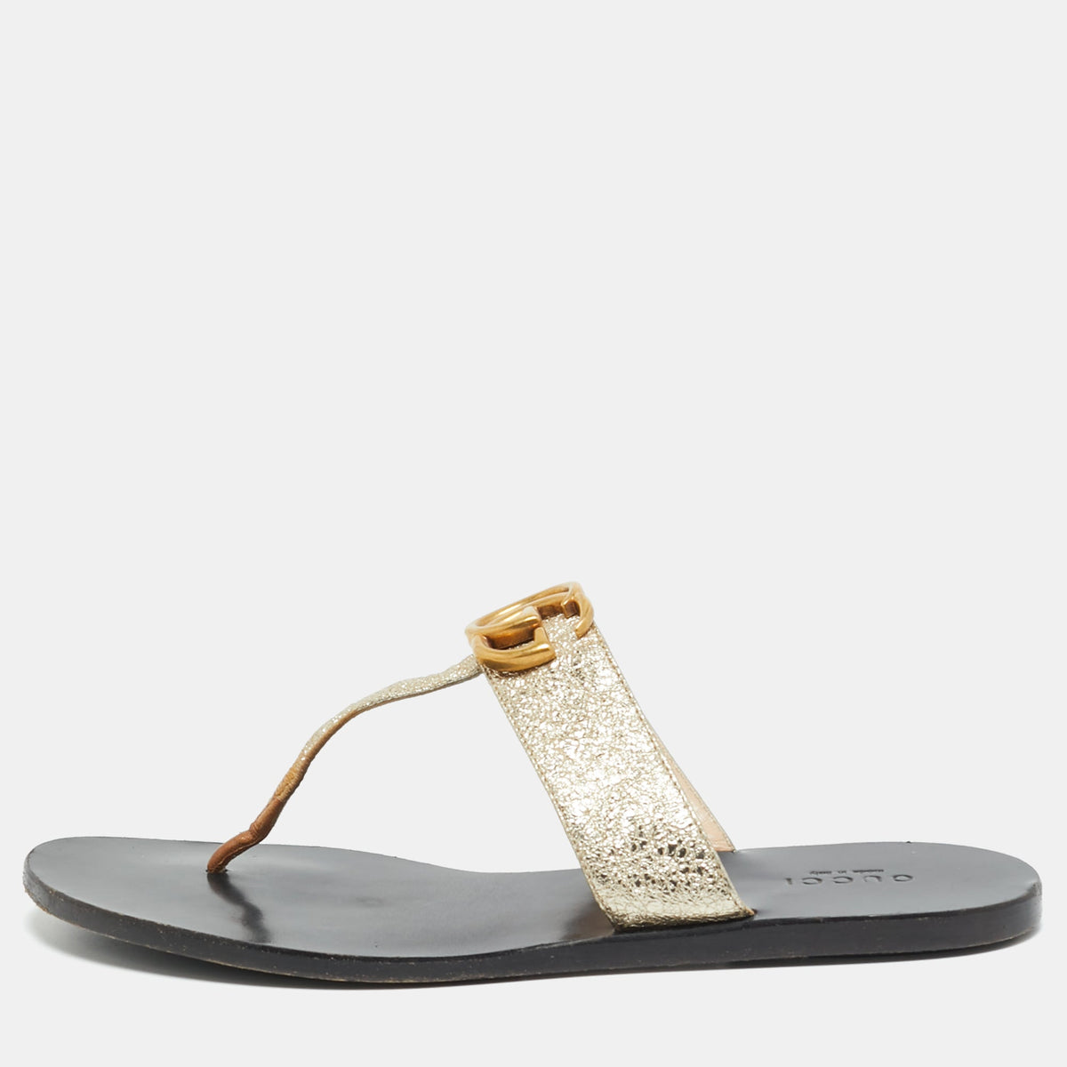 Gucci GG Marmont Size 37 Gold Leather Flat Sandals