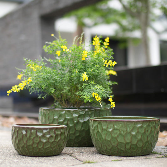 Set of 3 Handmade Cobalt-Blue Hammered Ceramic Planters with Breathable Clay