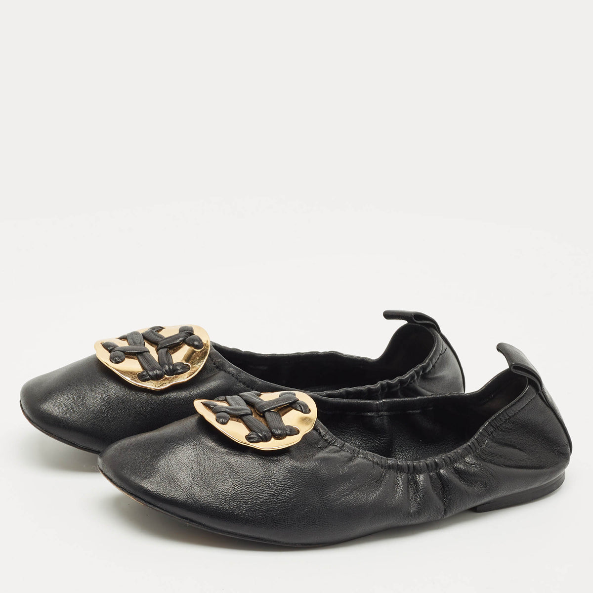 Tory Burch Black Leather Melinda Scrunch Ballet Flats Size 38.5