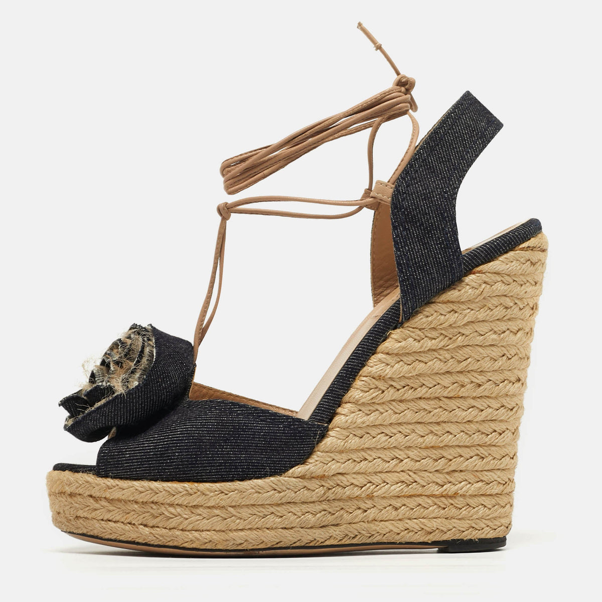 Valentino Flower Applique Size 38.5 Navy Blue Denim Espadrille Wedge Sandals