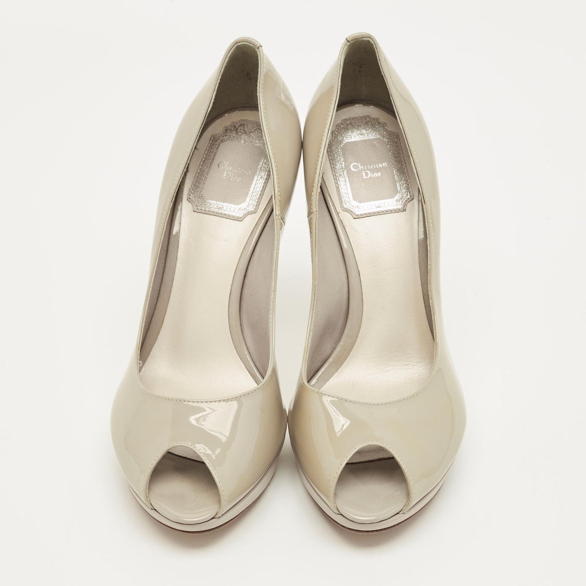 Dior Grey Patent Leather Peep Toe Platform Pumps Size 36.5