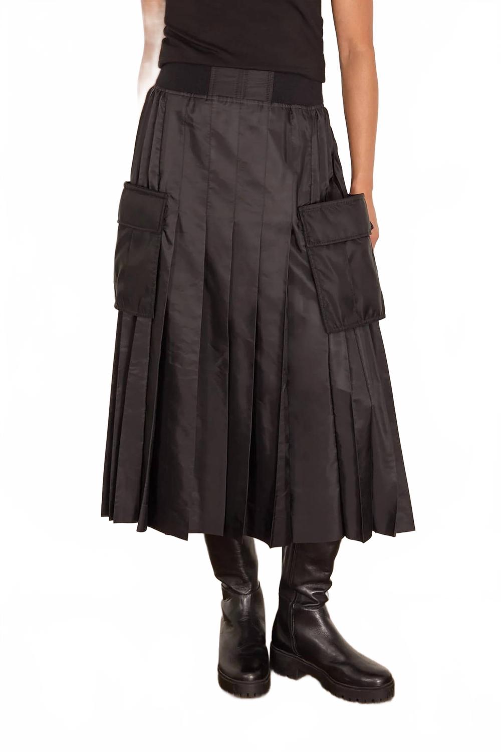 Nylon Twill Pleated Cargo Skirt In Black